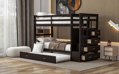 Twin Over Twin Bunk Bed With Trundle And Staircase - Espresso