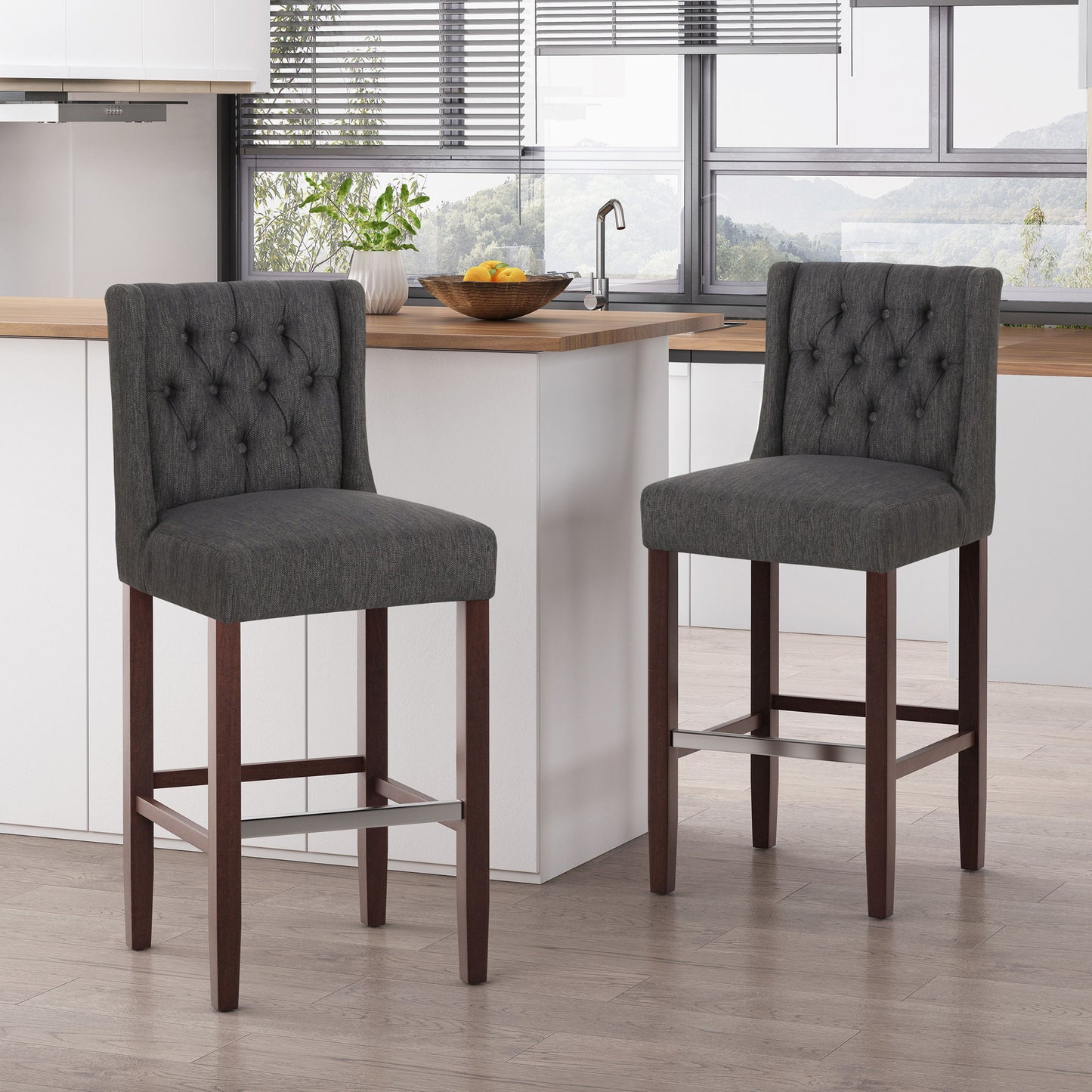 Solstara - Upholstered Fabric Dining Barstool With Button Tufted And Wing Back - Charcoal