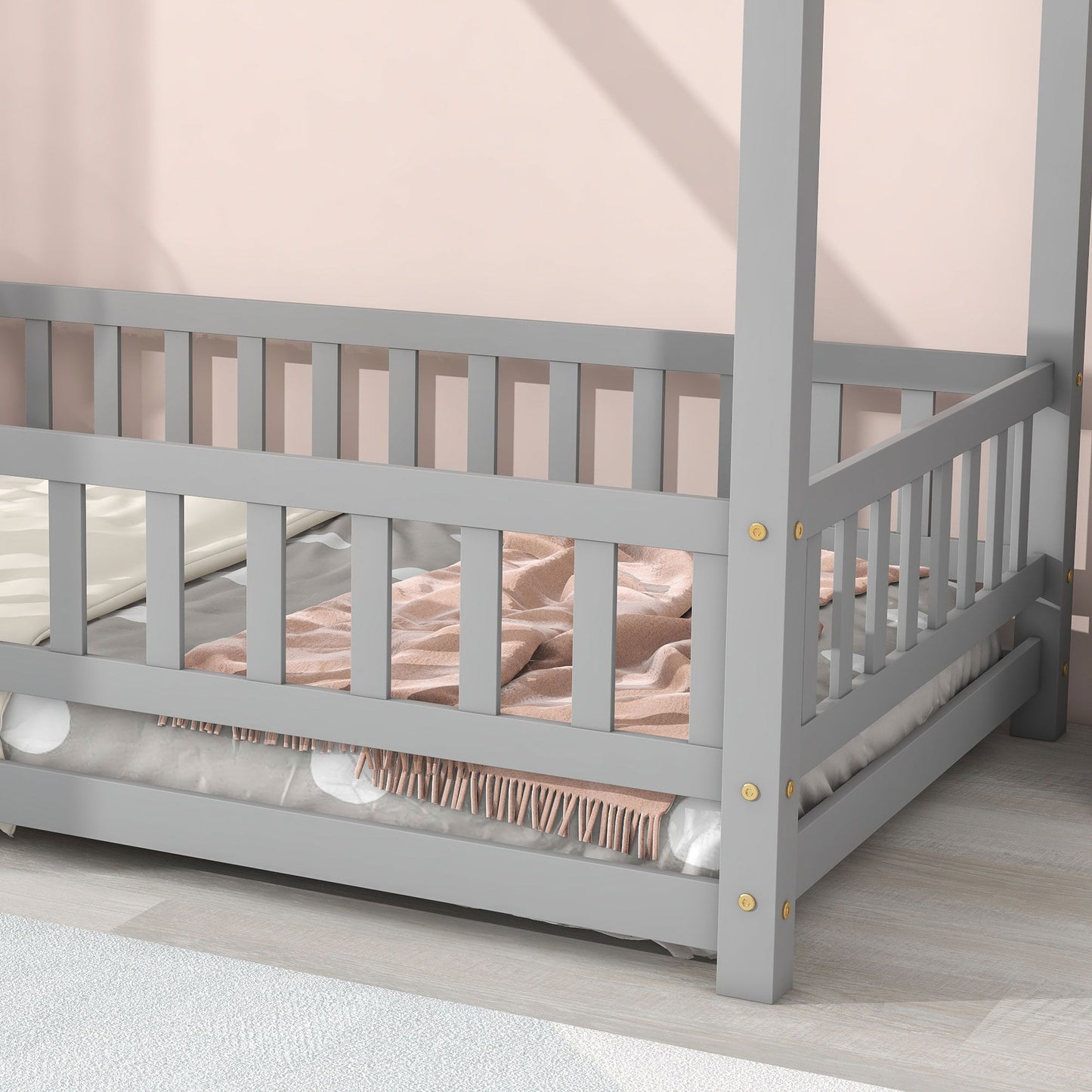 Twin Size Floor Wooden Bed With House Roof Frame, Fence Guardrails - Gray