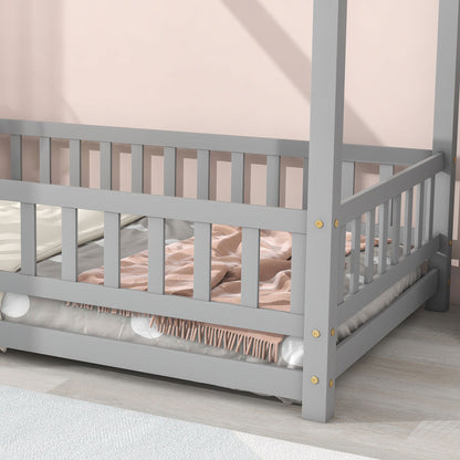 Twin Size Floor Wooden Bed With House Roof Frame, Fence Guardrails - Gray