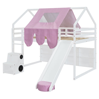 Full Size Loft Bed With House Shaped Frame And Tent - White / Pink