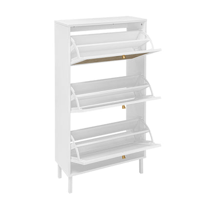 Modern Rattan 3 Door Shoe Rack Cabinet For Entryway Freestanding White Storage Unit In Particle Board - White