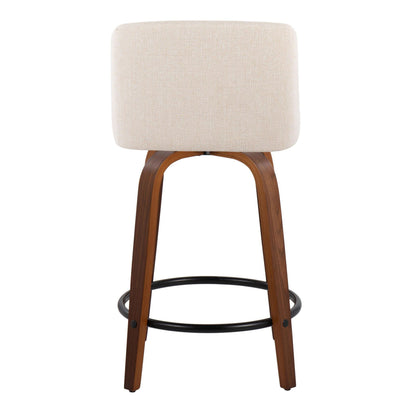 Toriano - Mid-Century Modern Fixed Height Counter Stool With Swivel And Round Footrest (Set of 2) - Walnut / Cream