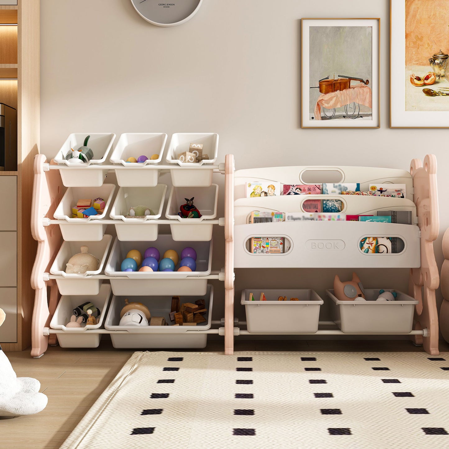 Kids Toy Storage Organizer With 2 Tier Bookshelf And 12 Toy Bins - Pink