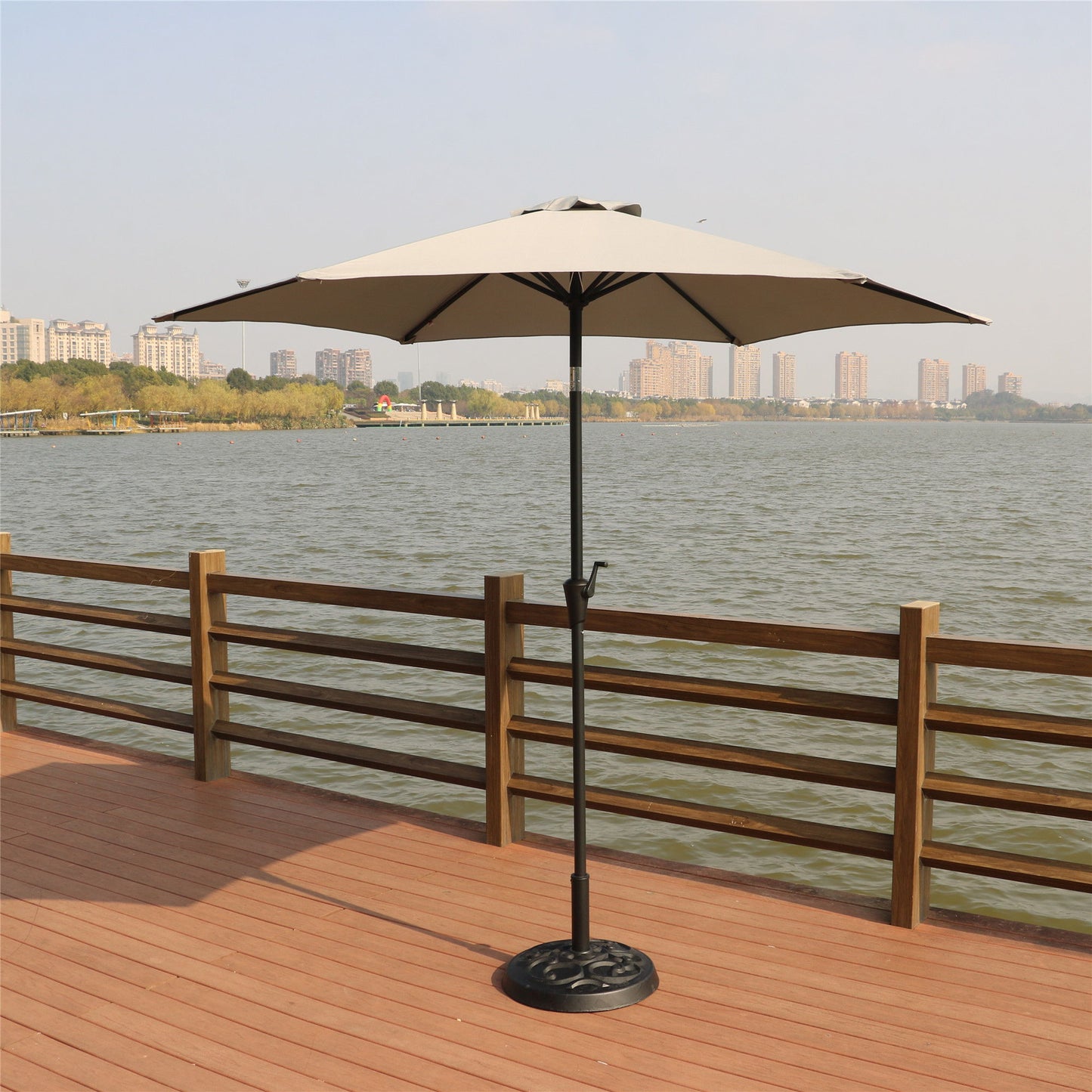 8.8' Outdoor Aluminum Patio Umbrella, Patio Umbrella, Market Umbrella With 33 Pounds Round Resin Umbrella Base, Push Button Tilt And Crank Lift - Gray
