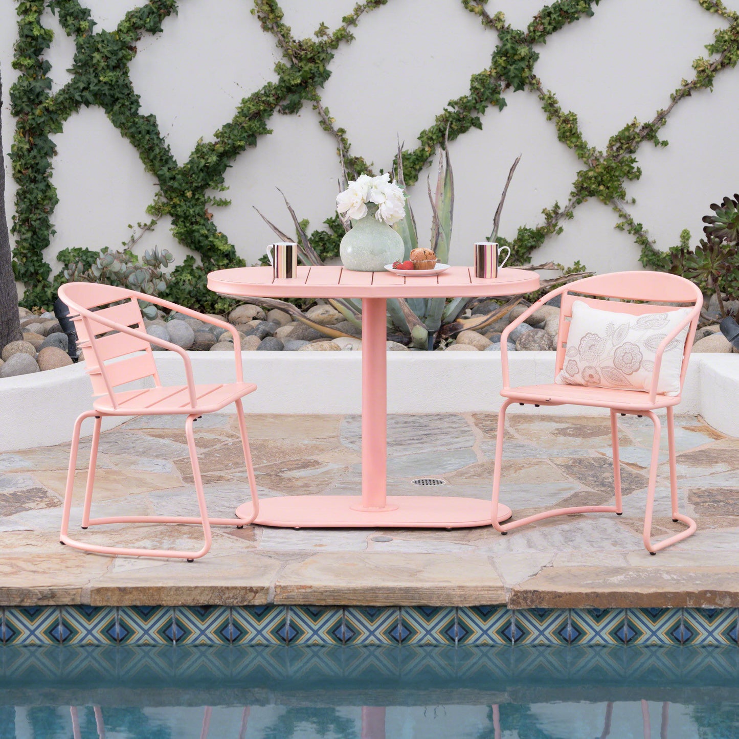 Outdoor Metal Seating Set With Coffee Table And 2 Chairs - Pink - Coral