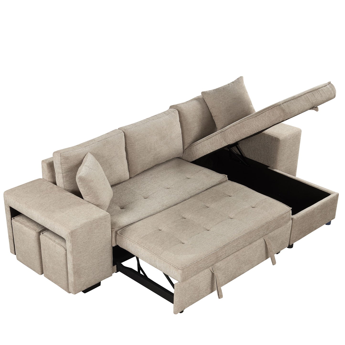 Modern L-Shape 3 Seat Reversible Sectional Couch, Pull Out Sleeper Sofa With Storage Chaise And 2 Stools For Living Room Furniture Set - Cream