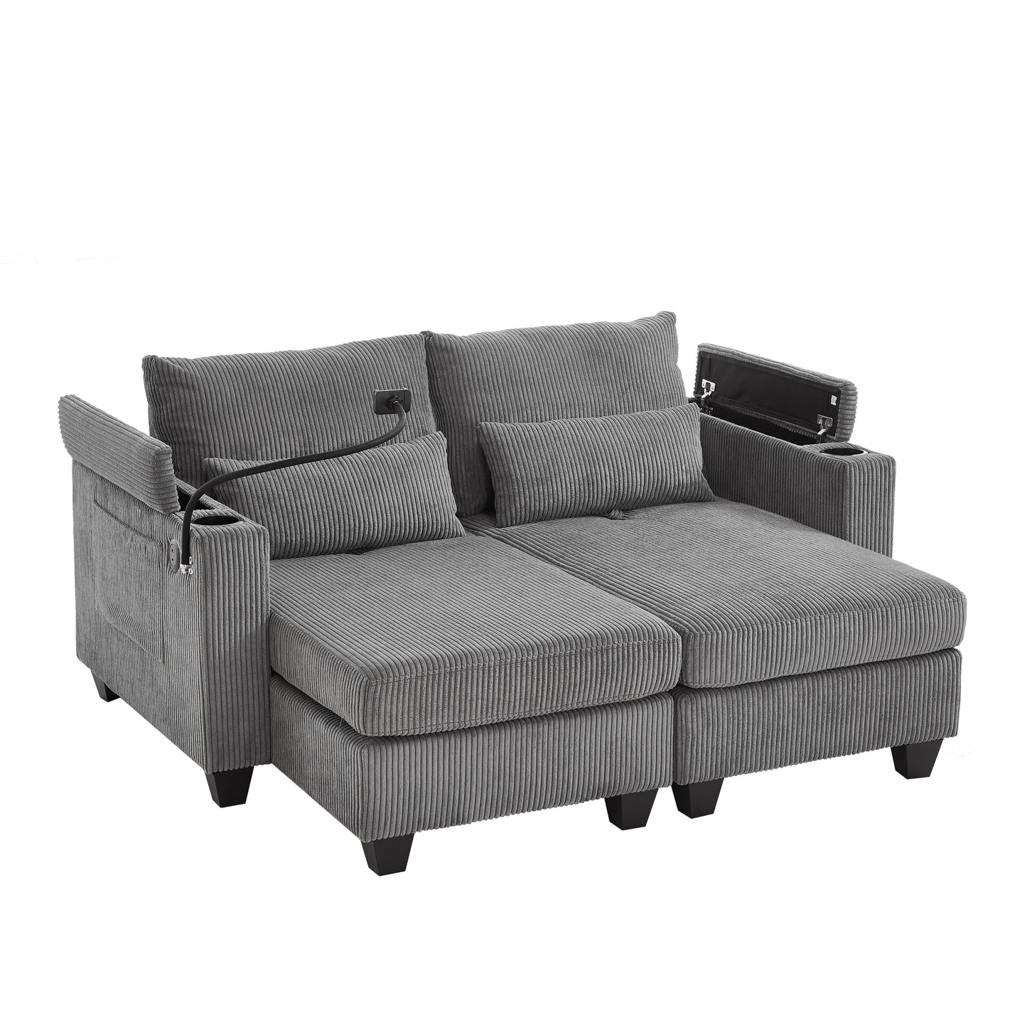 Convertible Chaise Lounge Loveseat Sofa Bed With USB Ports, Cup Holders, Phone Holder, Ample Storage - Gray