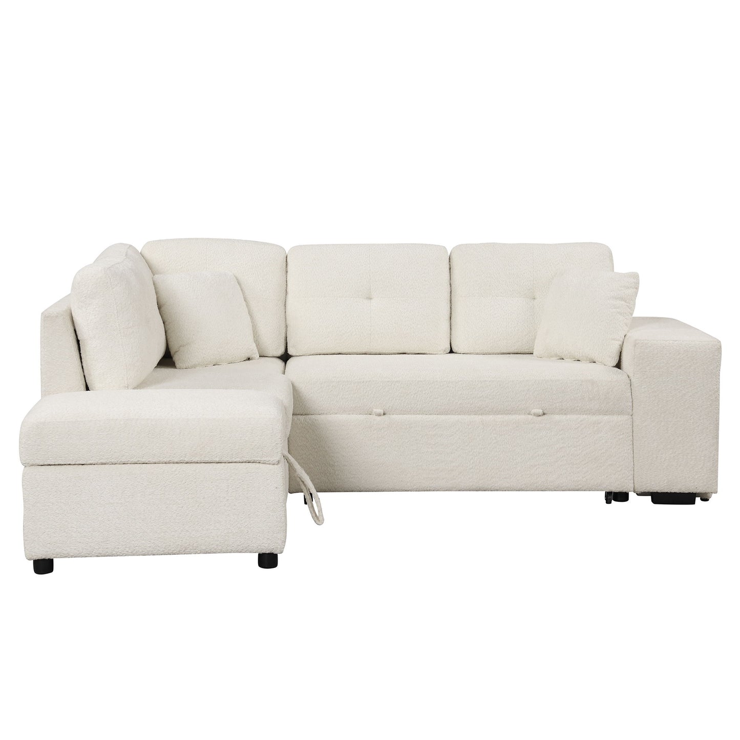 Convertible Sleeper, Sectional Pull Out Sofa Bed With Storage Ottoman, 2 Throw Pillows, 2 Stools, Wireless Charger And Two Hidden USB Ports For Living Room - Cream