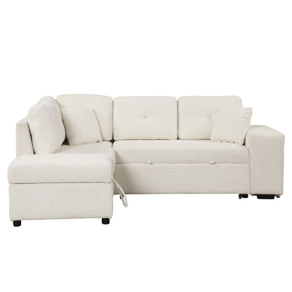 Convertible Sleeper, Sectional Pull Out Sofa Bed With Storage Ottoman, 2 Throw Pillows, 2 Stools, Wireless Charger And Two Hidden USB Ports For Living Room - Cream