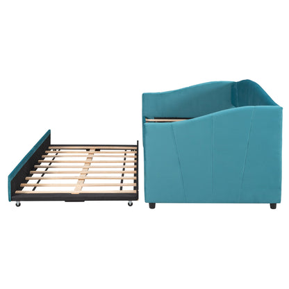 Twin Size Upholstered Daybed Sofa Bed With Trundle And Slat - Blue