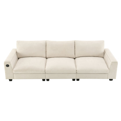 Sectional With Bluetooth Speaker Comfy Cloud Couch Set With Drop Down Table Cup Holders, USB Charger Storage Armrest Wide Seat Sofa - Beige
