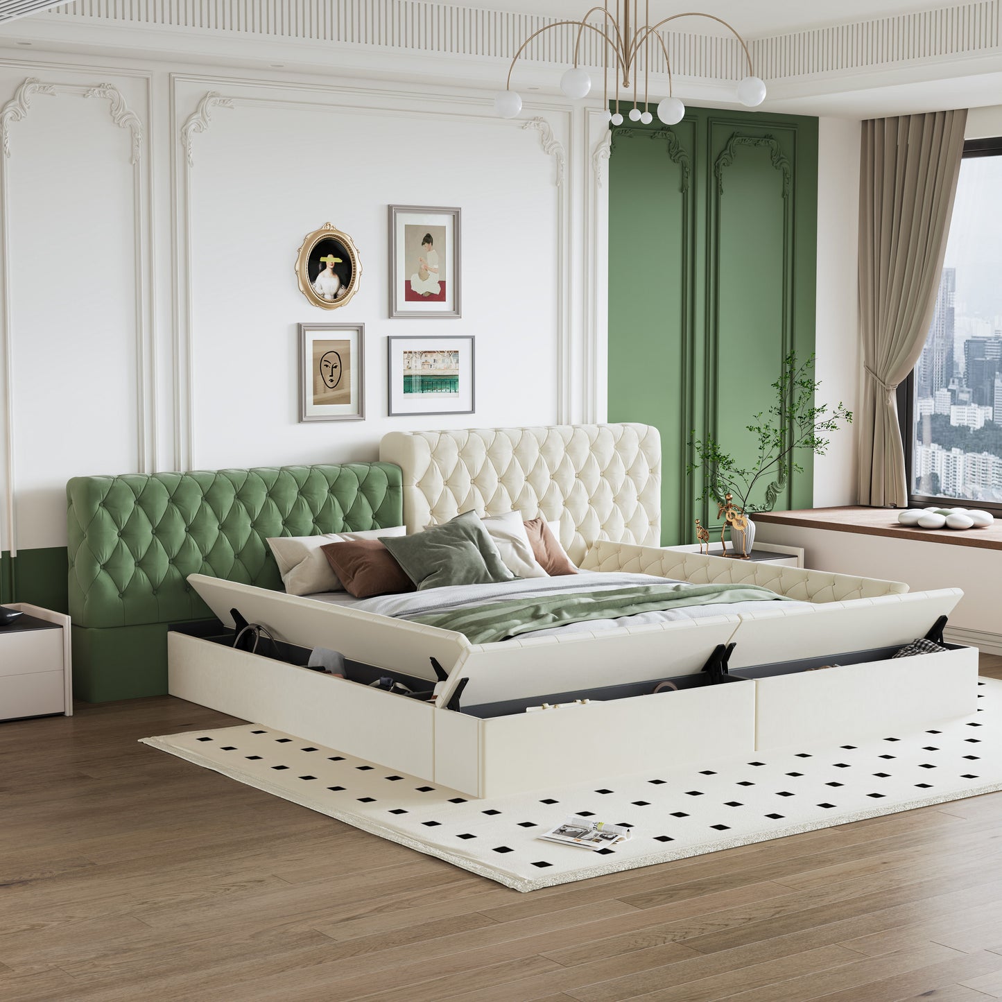 King Modern Upholstered Platform Bed With Storage Space, Sturdy And Stable Solid Wood Frame, Polyester Fabric, Easy To Assemble - Beige