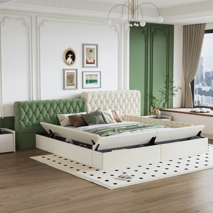 King Modern Upholstered Platform Bed With Storage Space, Sturdy And Stable Solid Wood Frame, Polyester Fabric, Easy To Assemble - Beige