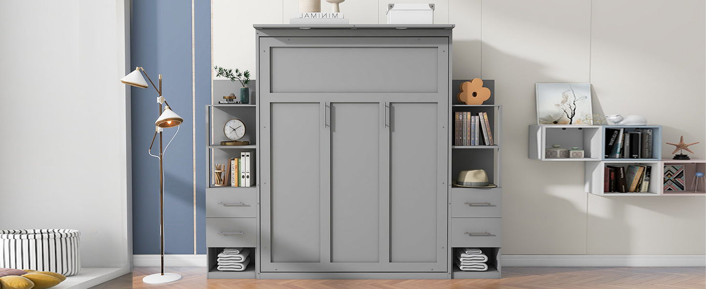 Queen Size Murphy Wall Bed With Shelves, Drawers And LED Lights - Gray