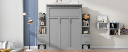 Queen Size Murphy Wall Bed With Shelves, Drawers And LED Lights - Gray