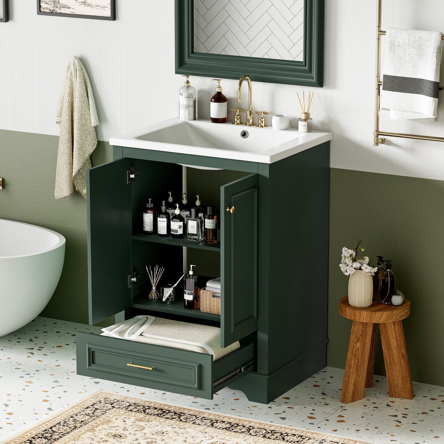 Bathroom Vanity With Ceramic Sink Combo, Modern Freestanding Storage Cabinet With Silver Handles, Soft Closing Doors - Green
