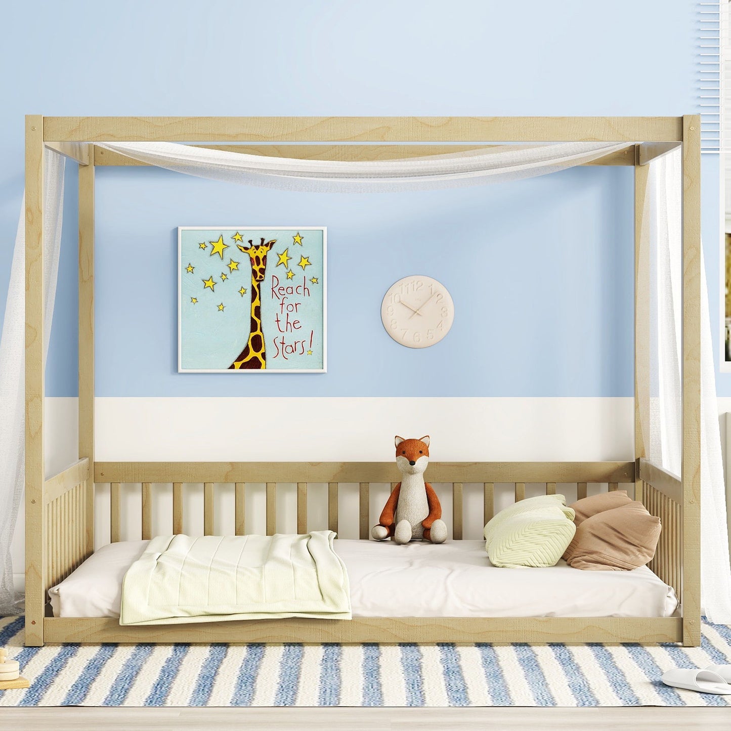 Full Size Canopy Frame Floor Bed With Fence, Guardrails - Natural