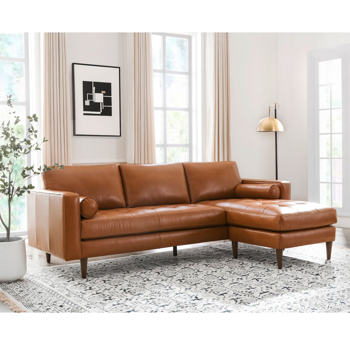 Mid-Century Tufted Leather Sectional With Reversible Chaise - Cognac