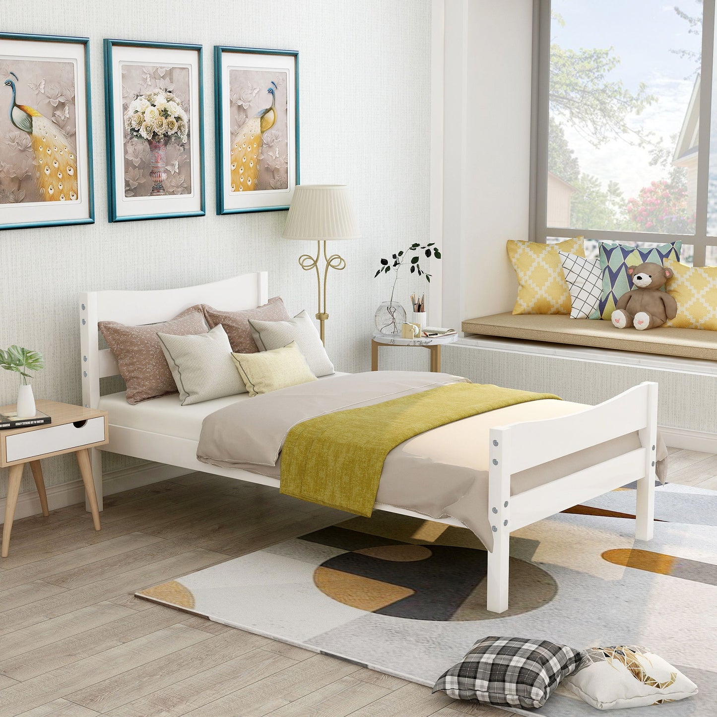 Twin Size Platform Bed With Headboard And Slat Support - White
