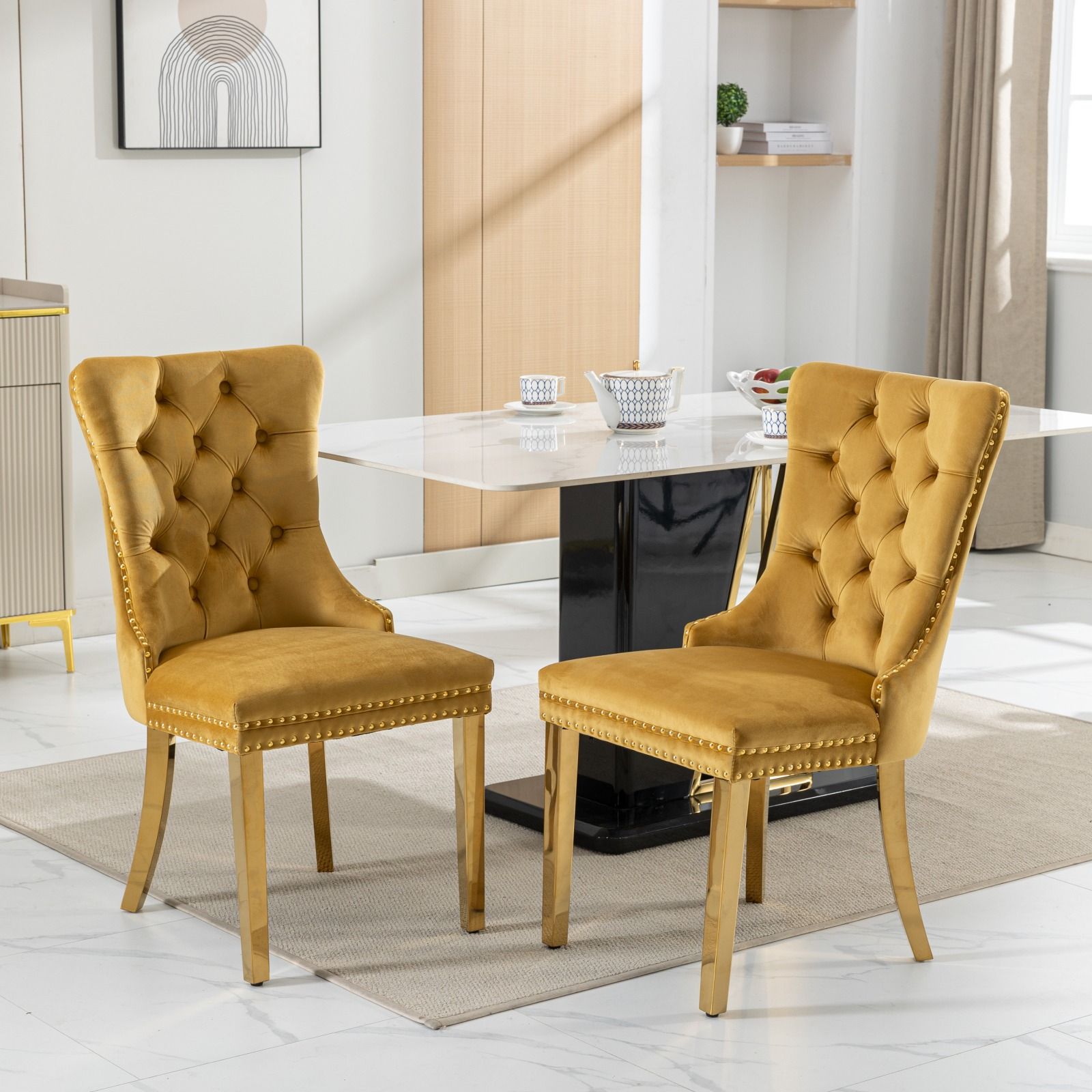 Nikki - Modern, High-End Tufted Solid Wood Contemporary Velvet Upholstered Dining Chair With Golden Stainless Steel Plating Legs, Nailhead Trim (Set of 2) - Gold