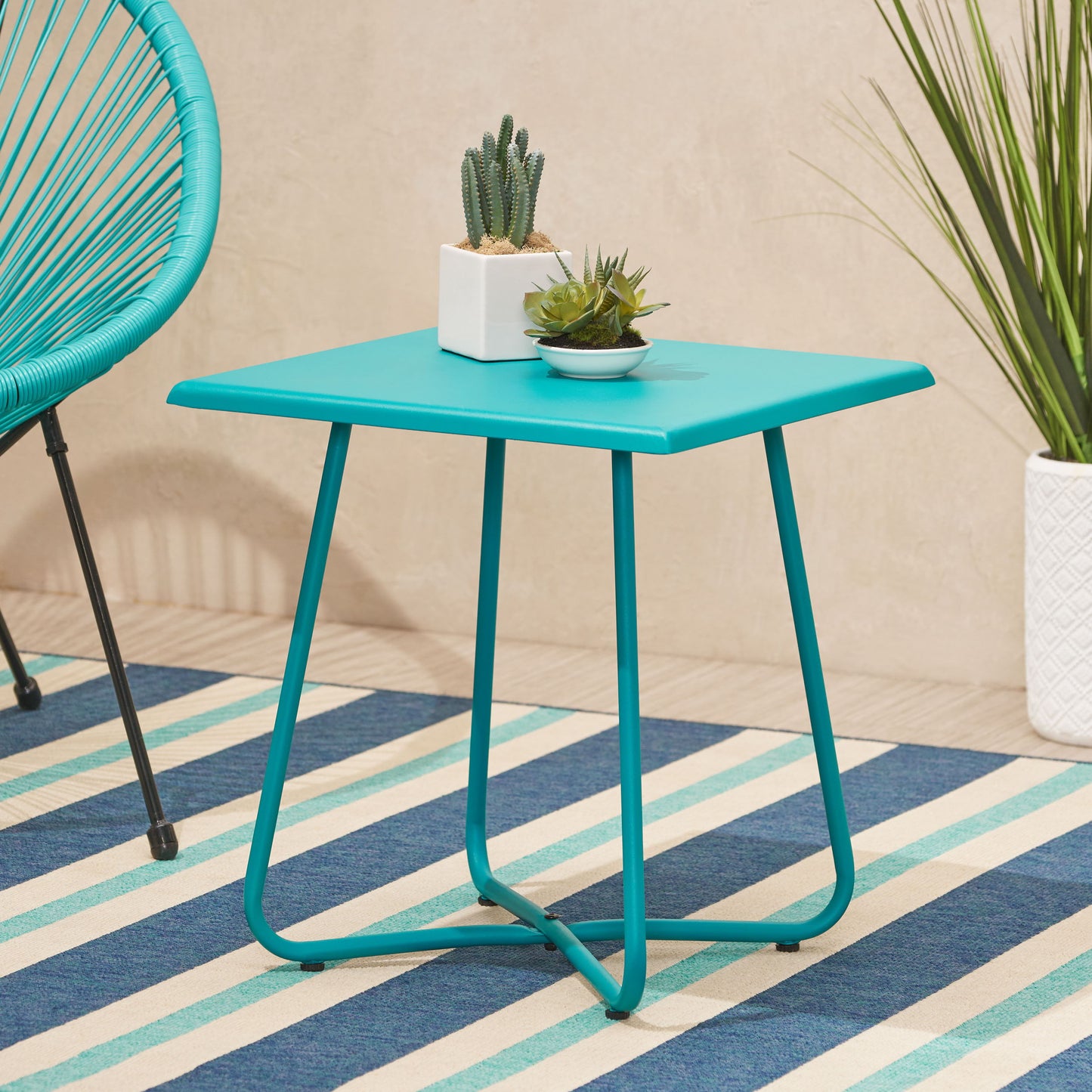 Outdoor Steel Side Table With X Shape Bottom Crossing Legs - Teal