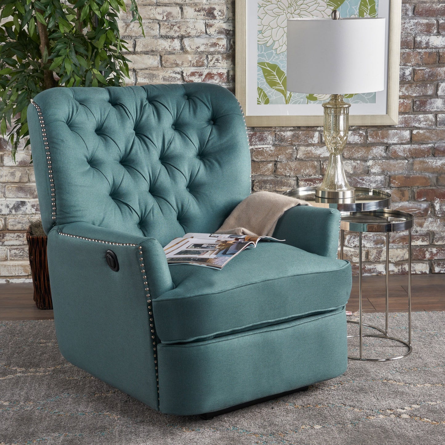 Electric Recliner Chair With Elegant Copper Accents And Soft Upholstery - Teal