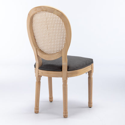 French Style Solid Wood Frame Antique Painting Linen Fabric Rattan Back Dining Chair (Set of 2) - Gray