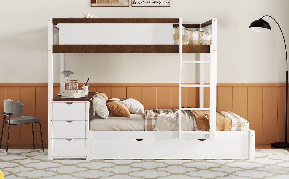 Full Over Full Bunk Bed With Twin Size Trundle, Storage And Desk - White / Walnut