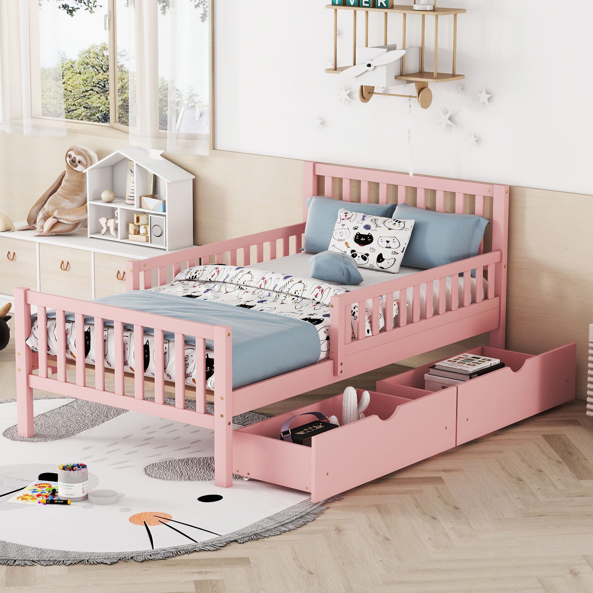Twin Size Platform Bed With Guardrails On Both Sides And 2 Storage Drawers - Pink
