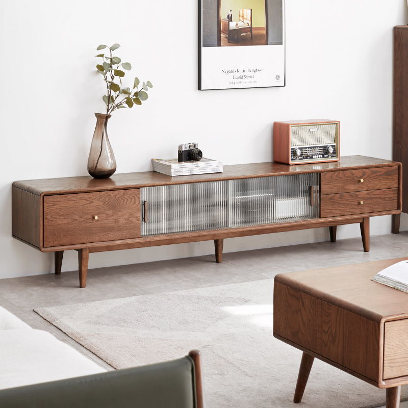 TV Cabinet With Chinese Changhong Glass Doors, Two Drawer Storage Space TV Standing - Walnut
