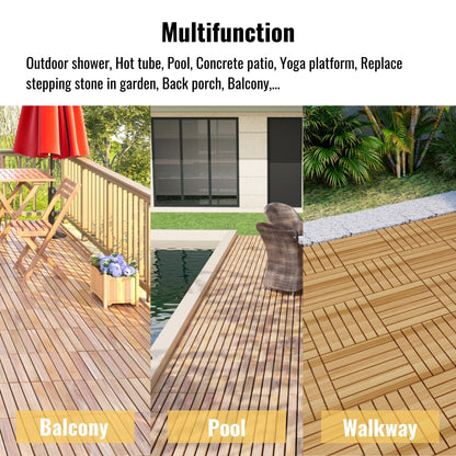 10 Piece Interlocking Deck Tiles Striped Pattern, Square Acacia Hardwood Outdoor Flooring For Patio, Bancony, Pool Side - Yellow