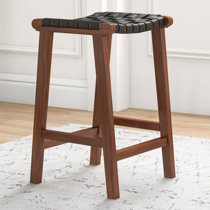 James - Mid-Century Modern Genuine Leather Counter Stool - Black / Brown