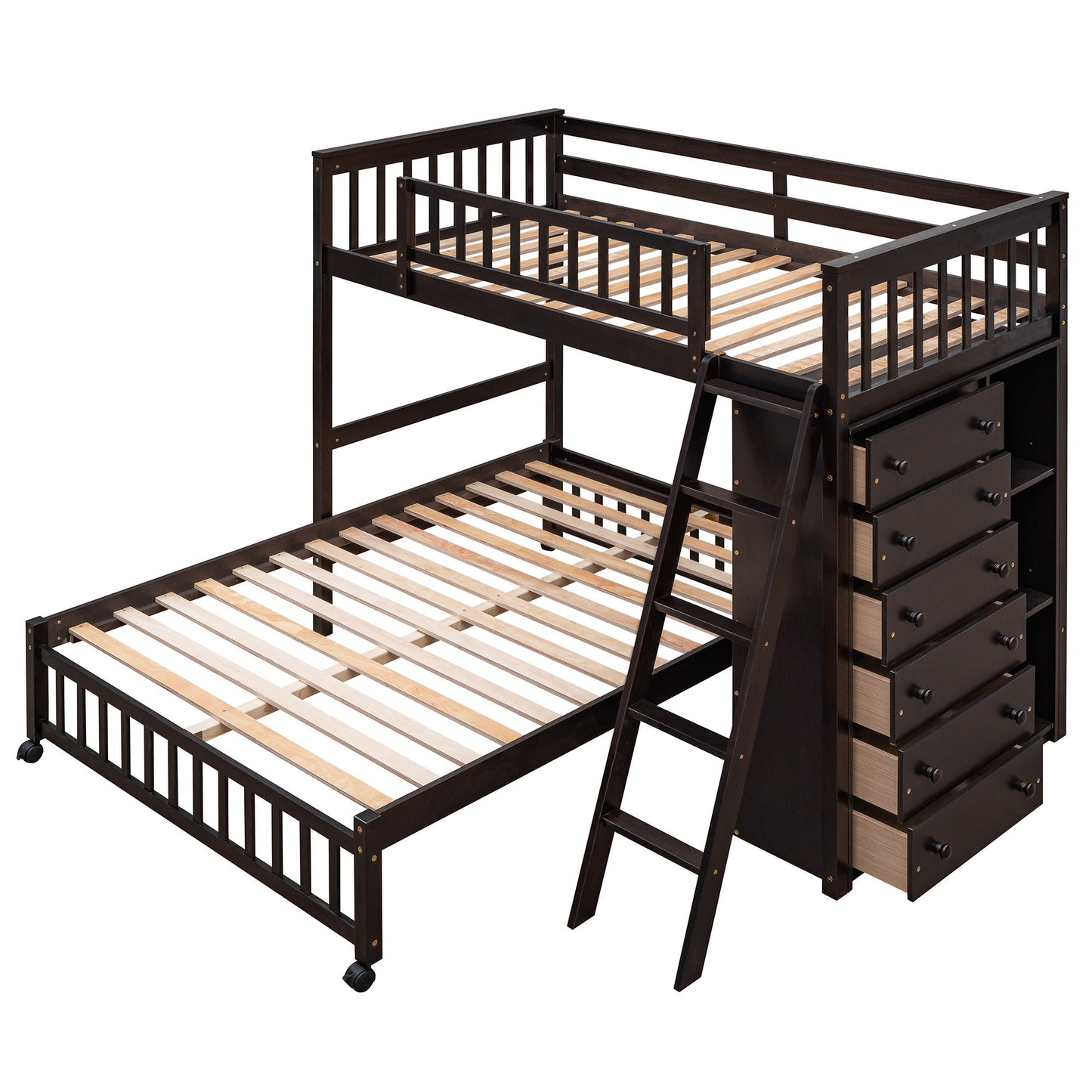 Twin Over Full Bunk Bed With 6 Drawers And Flexible Shelves, Bottom Bed With Wheels - Espresso