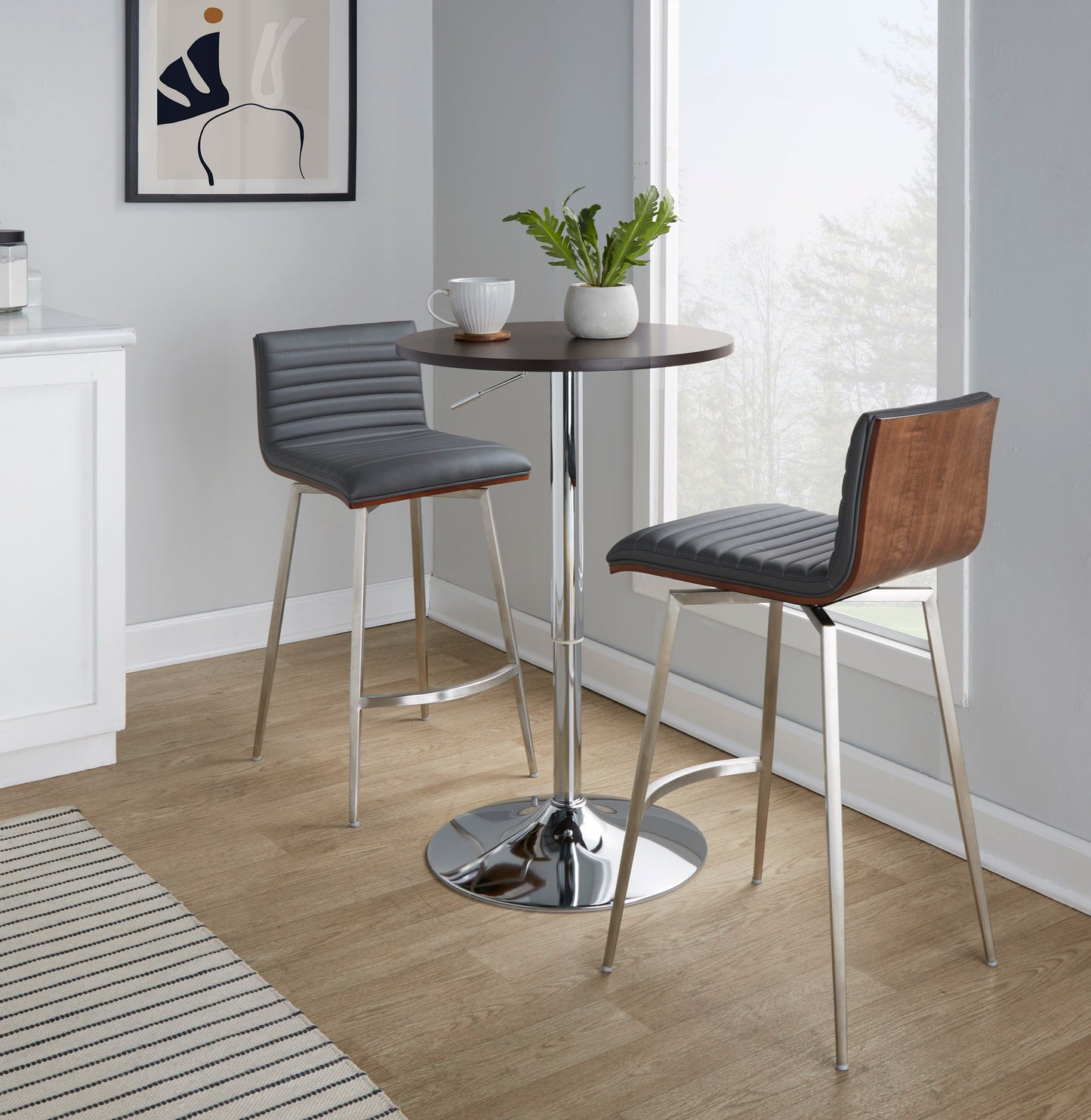 Mason - 3 Piece Swivel Mid-Century Modern Counter Height Dining Set With Adjustable Table - Chrome / Brown / Gray