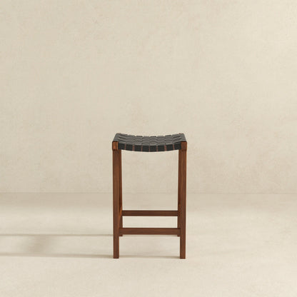 James - Mid-Century Modern Genuine Leather Counter Stool - Black / Brown