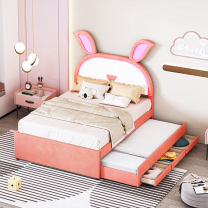 Full Size Upholstered Platform Bed With Trundle And 3 Drawers, Rabbit-Shaped Headboard With Embedded LED Lights - Pink