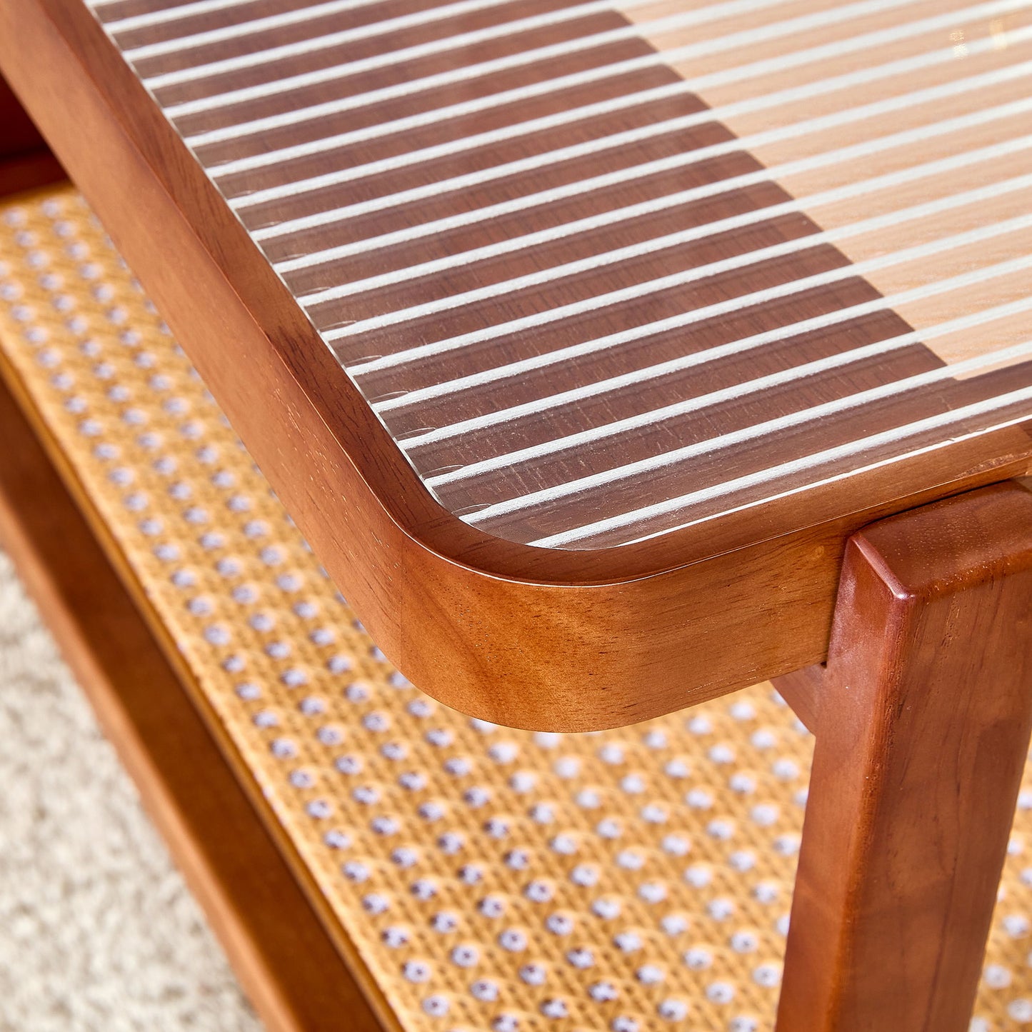 Modern Simple Rectangle Double Layer Solid Wood Glass Desktop Tea Table Rattan Woven Chinese Side Table Small Rectangle Table - Natural Wood