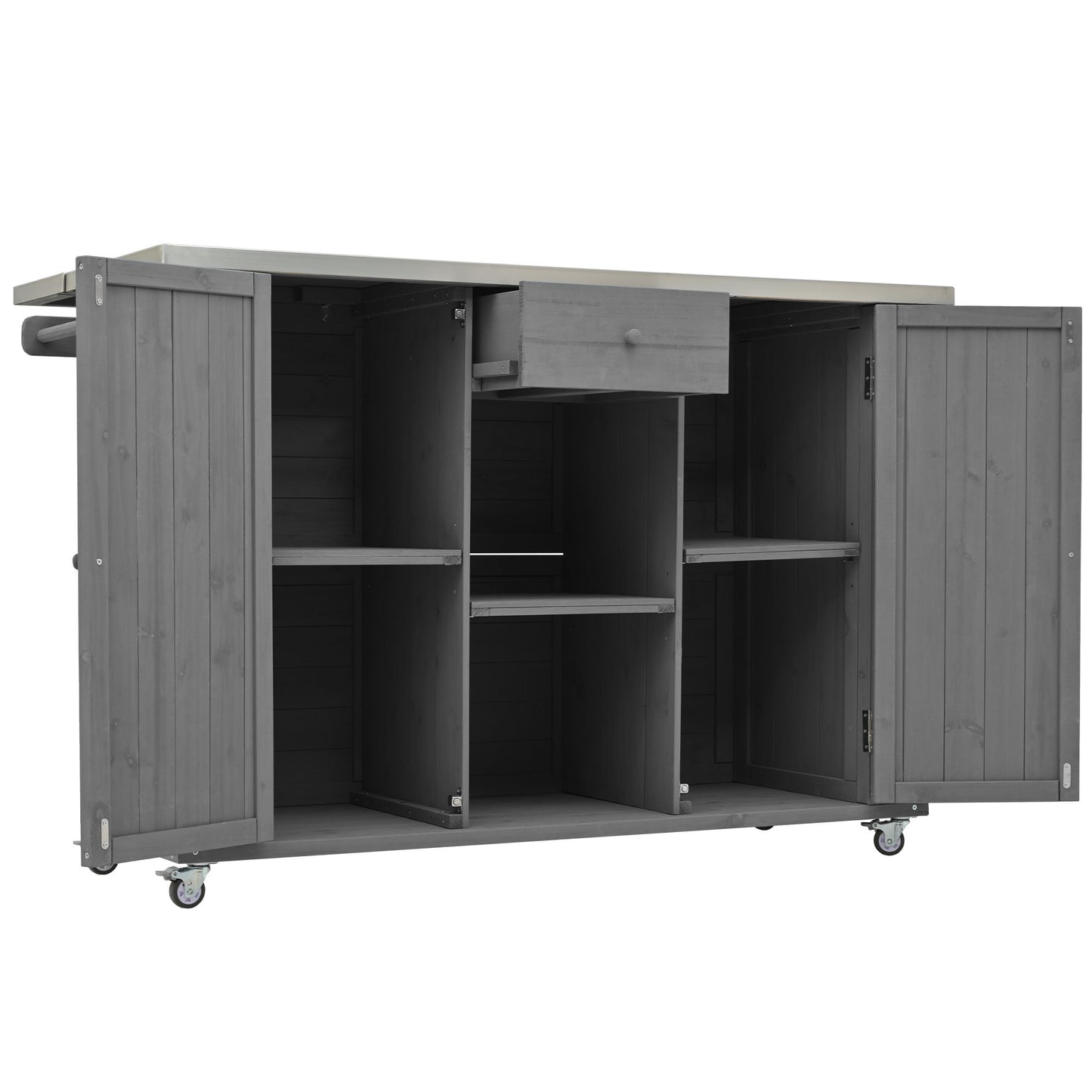 Outdoor Kitchen Island Fir Wood Kitchen Island With Stainless Steel Top, Ample Storage Space, Towel And Spice Racks And A Bottle Opener For Outdoor - Gray