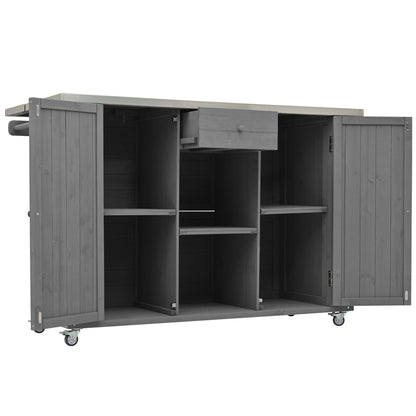 Outdoor Kitchen Island Fir Wood Kitchen Island With Stainless Steel Top, Ample Storage Space, Towel And Spice Racks And A Bottle Opener For Outdoor - Gray