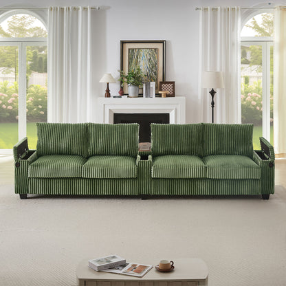 Modern 4 Seater Corduroy Sofa With USB Ports, Hidden Storage Arms, Flip Top Cup Holders - Green