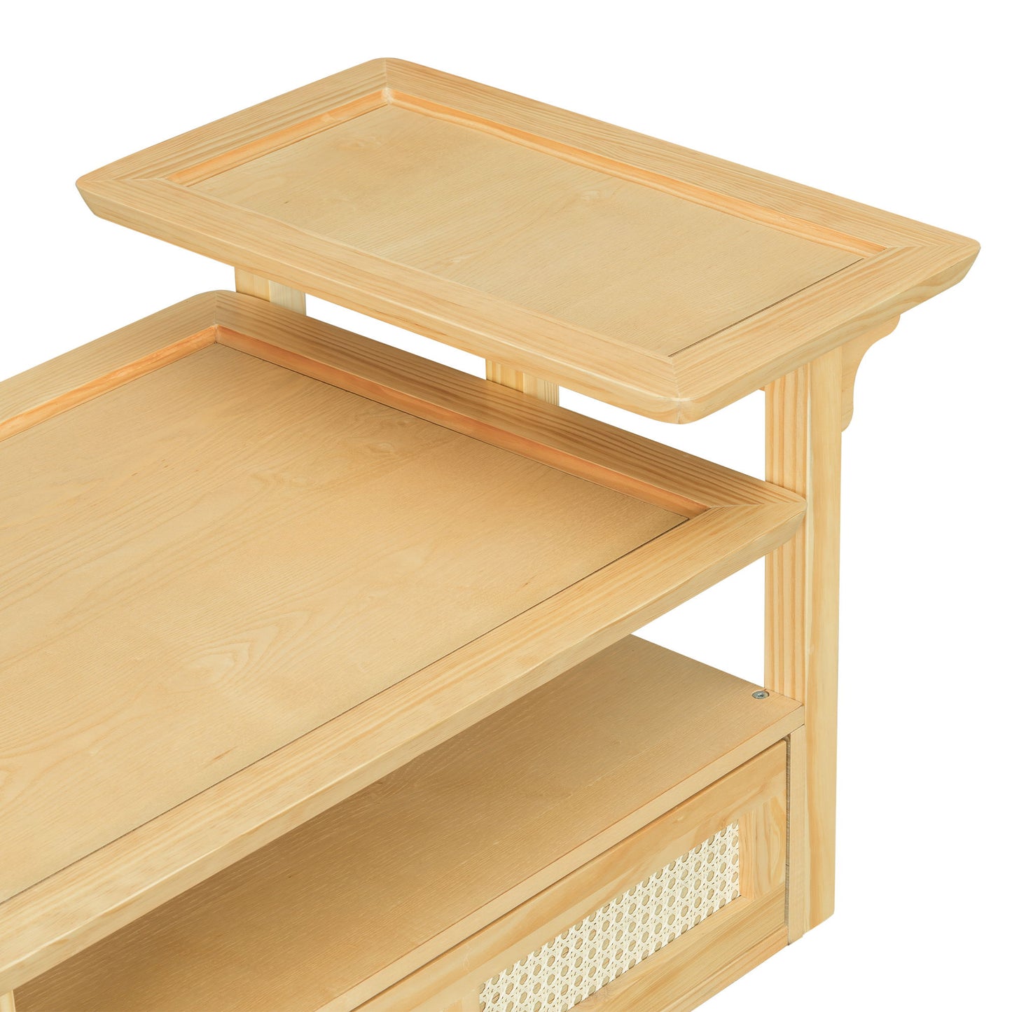 Modern Coffee Table, Coffee Table With 1 Storage Shelf, 2 Tabletops And 1 Rattan Drawer For Living Room - Natural