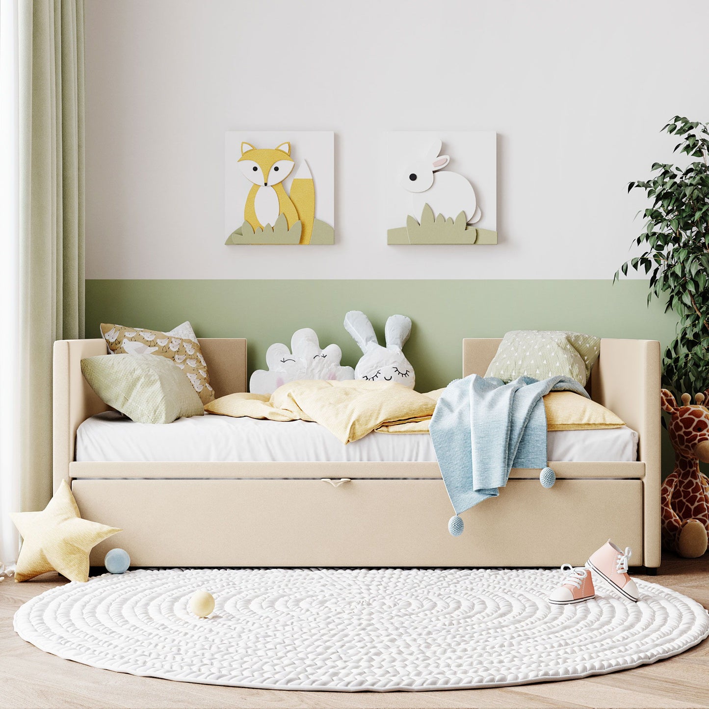 Twin Size Upholstered Daybed With Pop Up Trundle - Beige