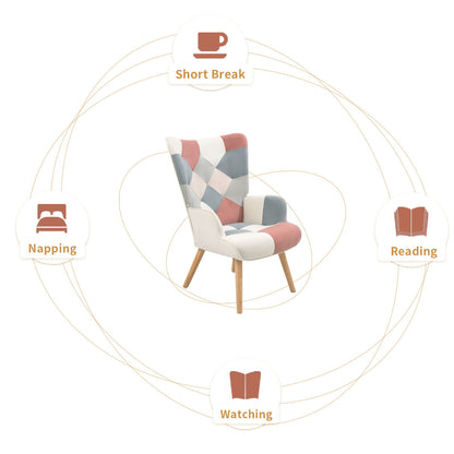 Accent Chair With Ottoman, Living Room Chair And Ottoman Set, Comfy Side Armchair For Bedroom, Creative Splicing Cloth Surface - Pink