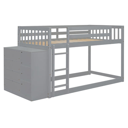Twin Over Twin Classic Bunk Bed With 4 Drawers And 3 Shelves - Gray