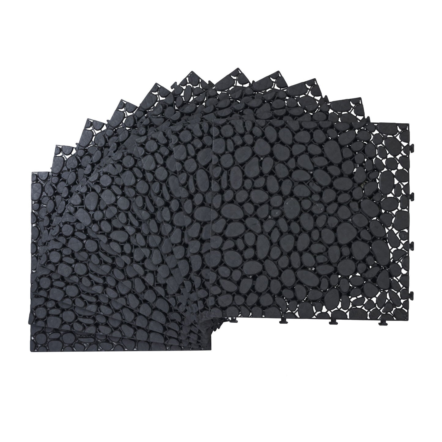 Interlocking Deck Tiles Plastic Waterproof Outdoor All Weather Anti-Slip Bathroom Shower Balcony Porch Strong Weight Capacity Upto 440 Lbs, Pebble Stone Pattern Pack Of 12 - Black