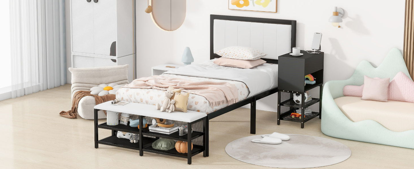 Twin Size Platform Bed With 2 Tier Storage Shelves, Storage Cabinet - Black
