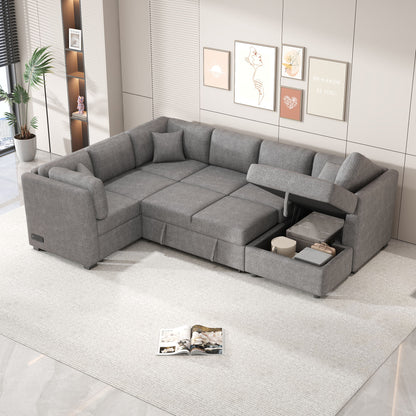 U-Shaped Sectional Sofa Pull Out Sofa Bed With Two USB Ports, Two Power Sockets, Three Back Pillows And A Storage Chaise For Living Room - Light Gray
