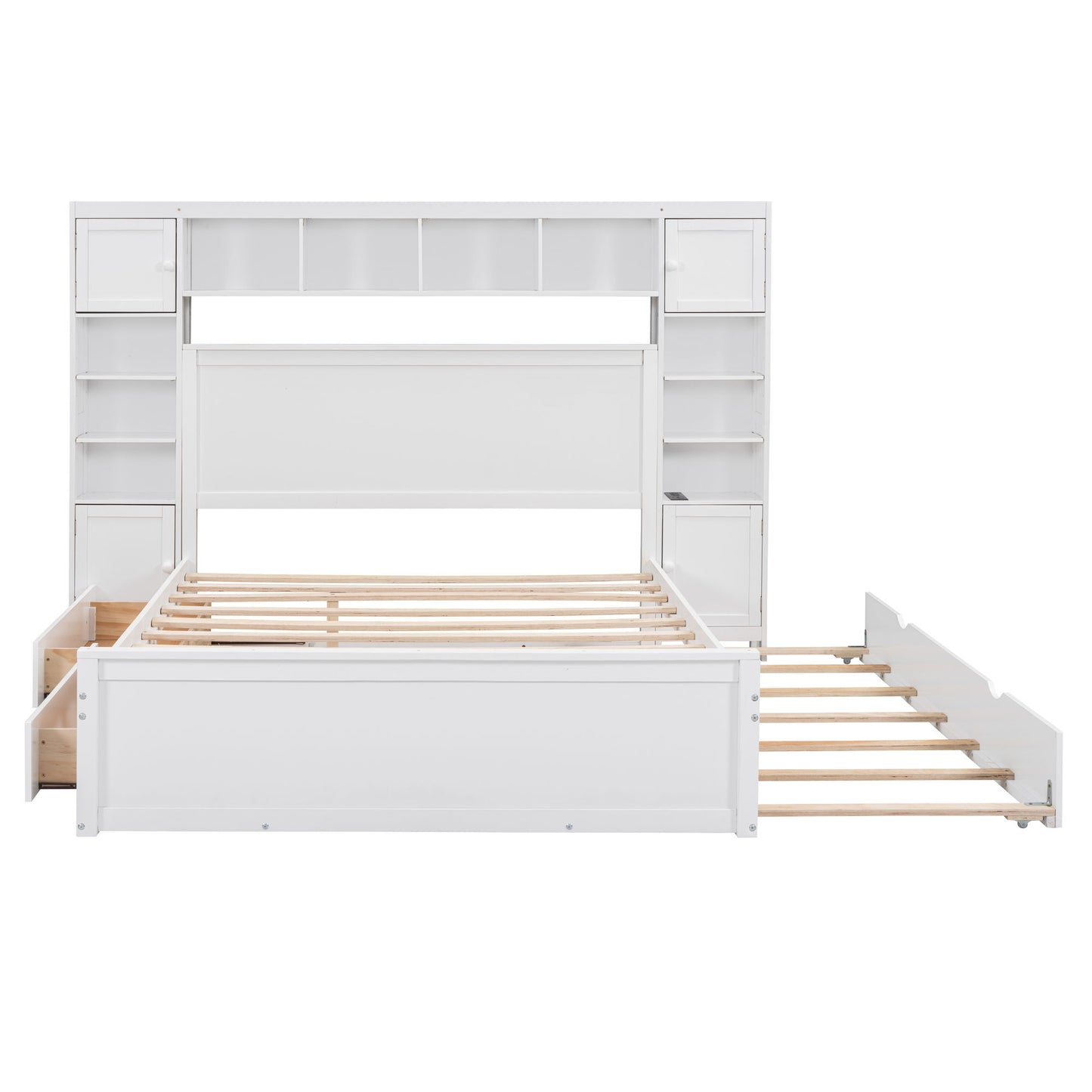 Queen Size Bed With All In One Cabinet, Shelf And Sockets, Twin Long Trundle - White