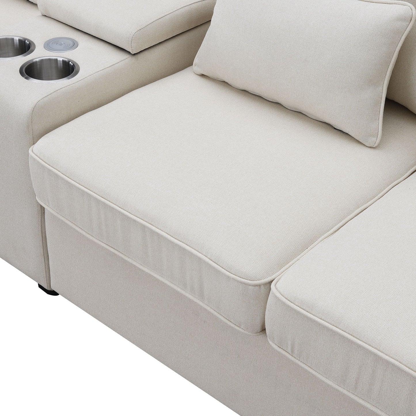 Upholstered Sofa With Console, 2 Cupholders And 2 USB Ports Wired Or Wirelessly Charged, Modern Linen Fabric Couches With 4 Pillows (4 Seat) - Beige